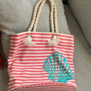 Striped Pink and White Beach Tote with Teal Shell Accent